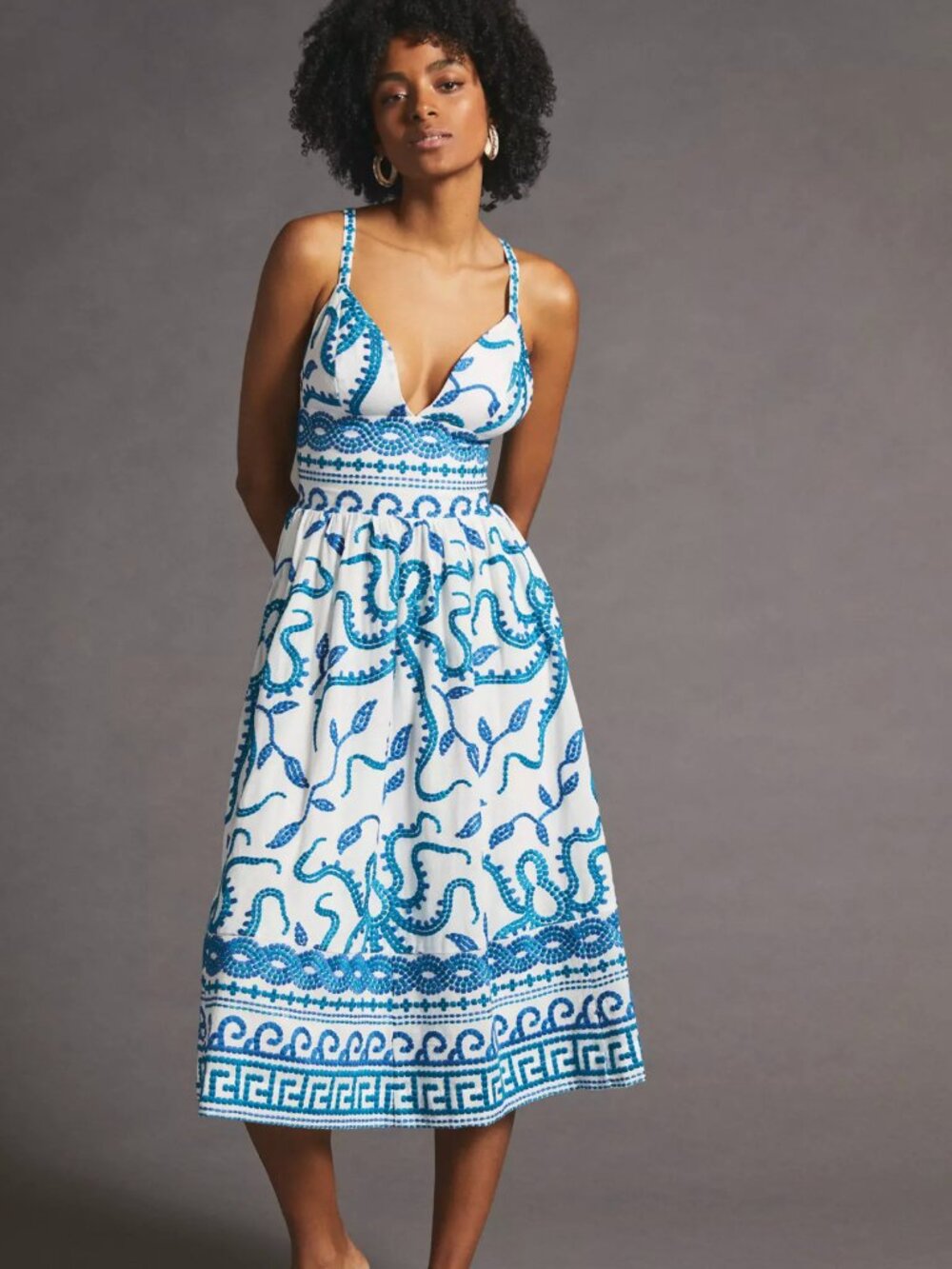 Anthropologie White Midi Dress with Blue Embroidered Print - Reposh